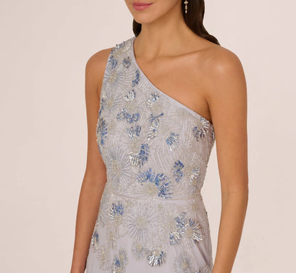 One Shoulder Beaded Mesh Gown In Serenity