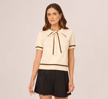 Short Sleeve Tie Neck Knit Top In Cream Black Camel