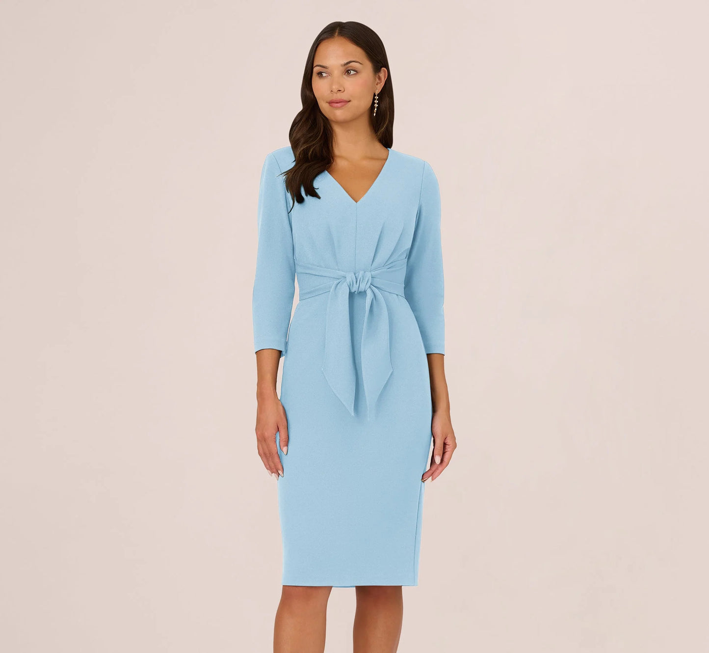 Three Quarter Sleeve Pleated Midi Dress With Tie Waist In Blue Mist
