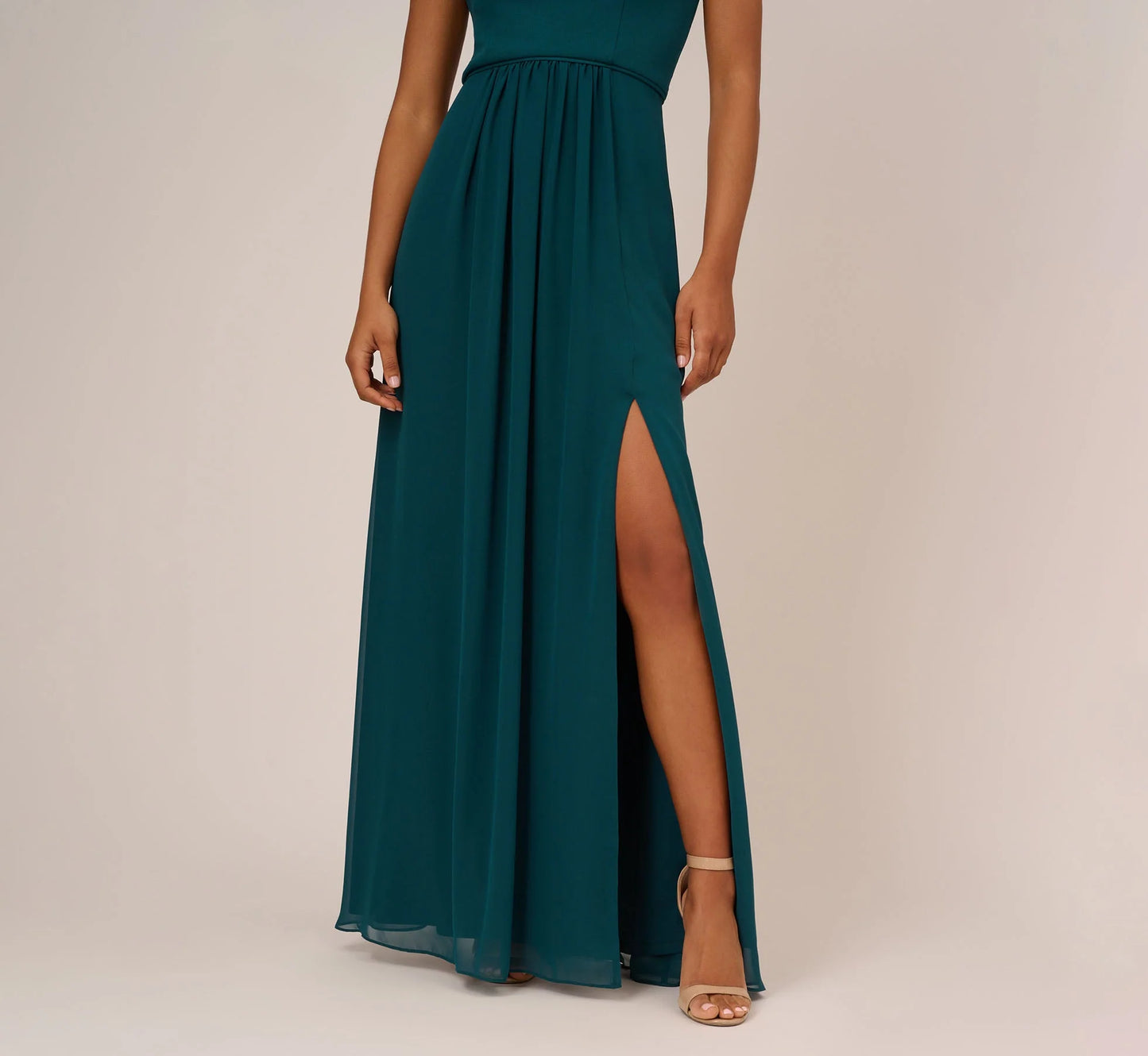 One Shoulder Chiffon Long Gown In Hunter