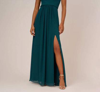 One Shoulder Chiffon Long Gown In Hunter