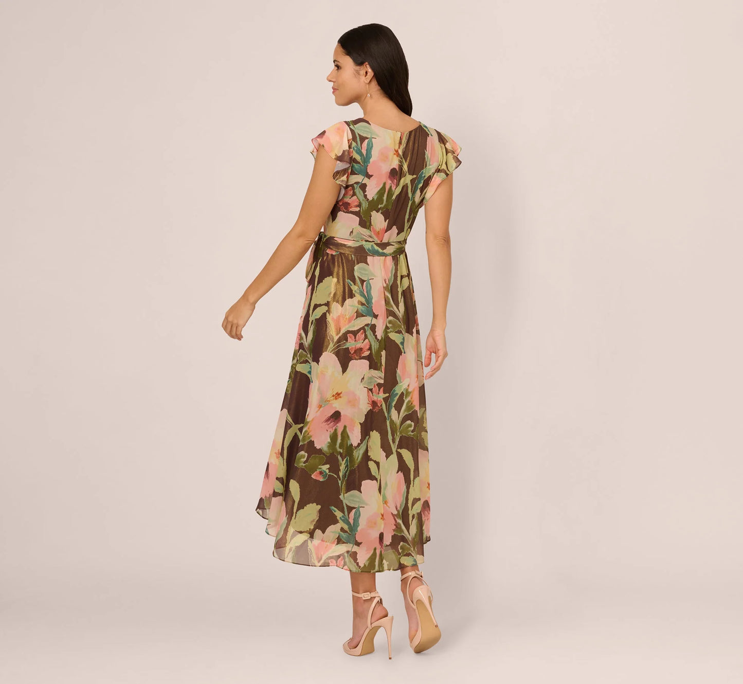 Flutter Sleeve High Low Midi Wrap Dress In Brown Multi