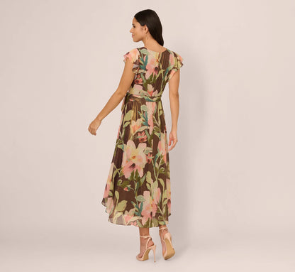 Flutter Sleeve High Low Midi Wrap Dress In Brown Multi