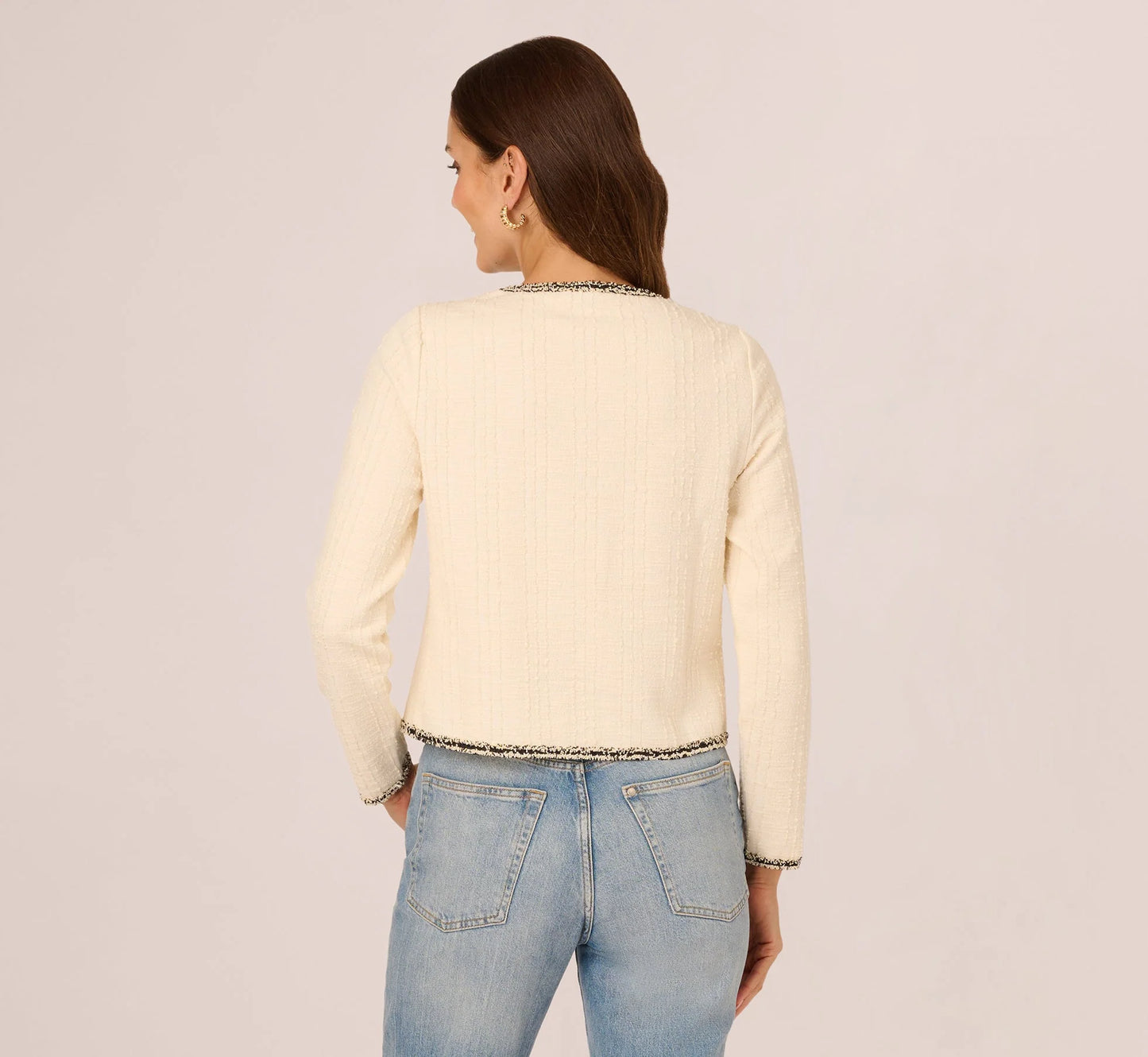 Fringe Trim Boucle Tweed Cardigan Jacket In Ivory Black