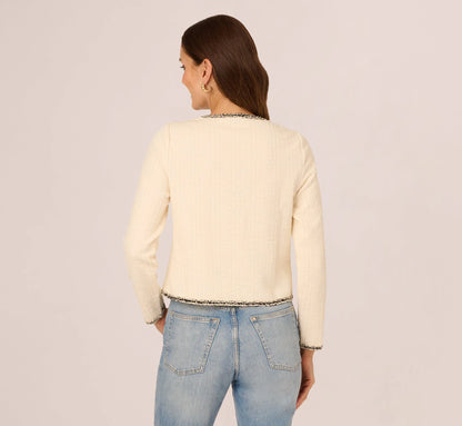 Fringe Trim Boucle Tweed Cardigan Jacket In Ivory Black