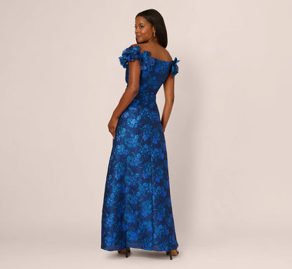 Off Shoulder Floral Jacquard A Line Gown In Navy Blue Multi
