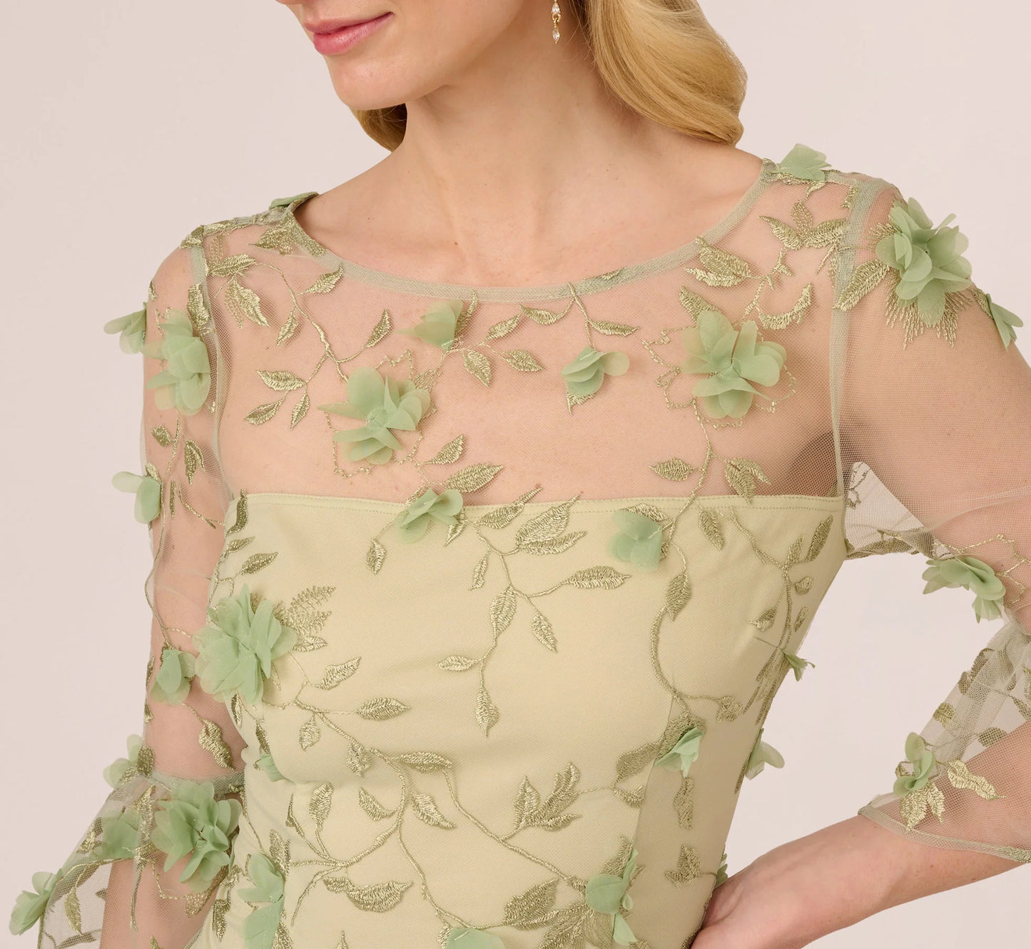 Bell Sleeve Floral Embroidered Illusion Sheath Dress In Sage Multi