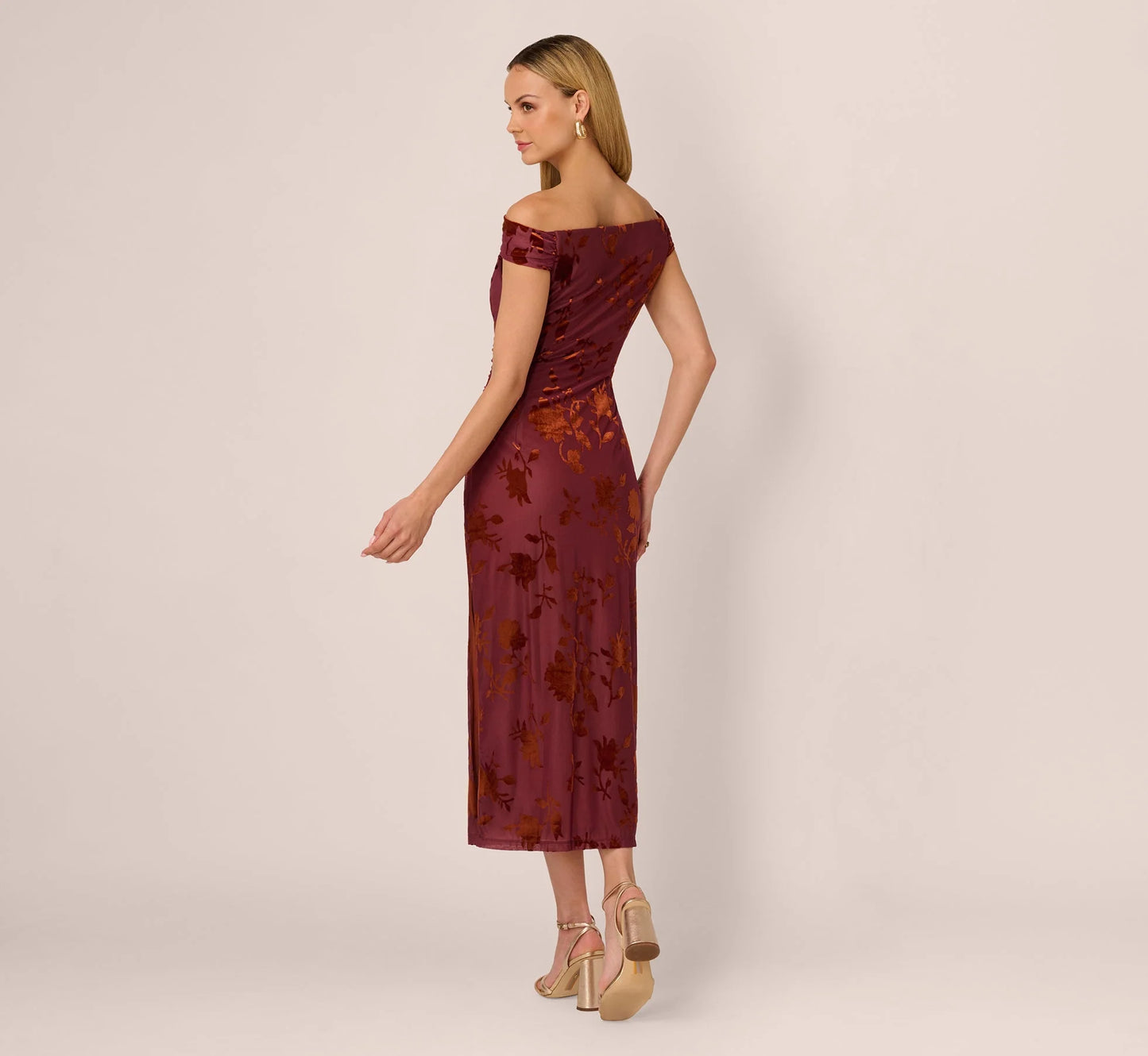 Off Shoulder Burnout Velvet Midi Dress In Amber