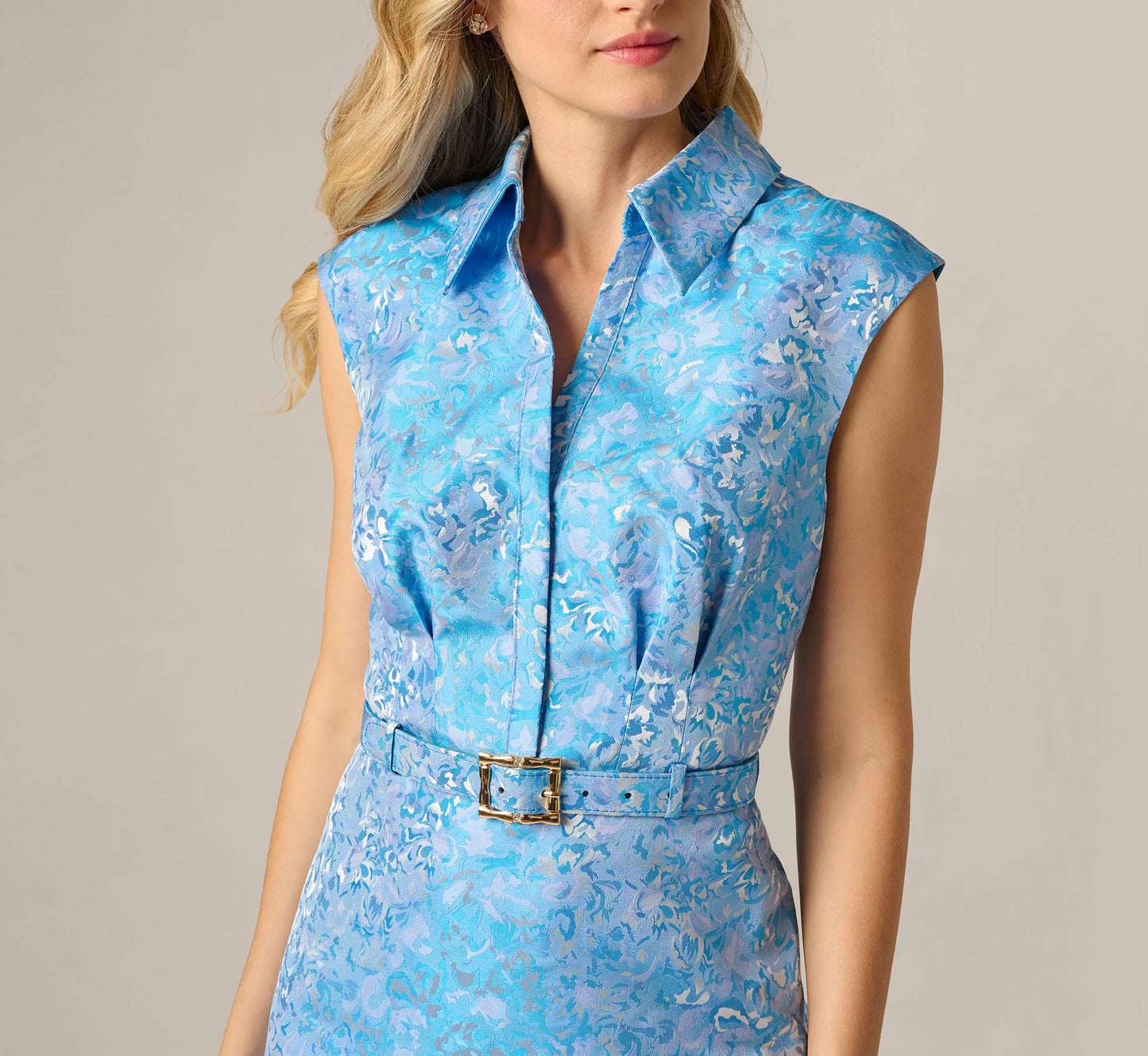 Floral Jacquard Collared Sheath Dress In Blue Multi