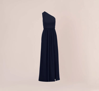 One Shoulder Chiffon Long Gown In Midnight