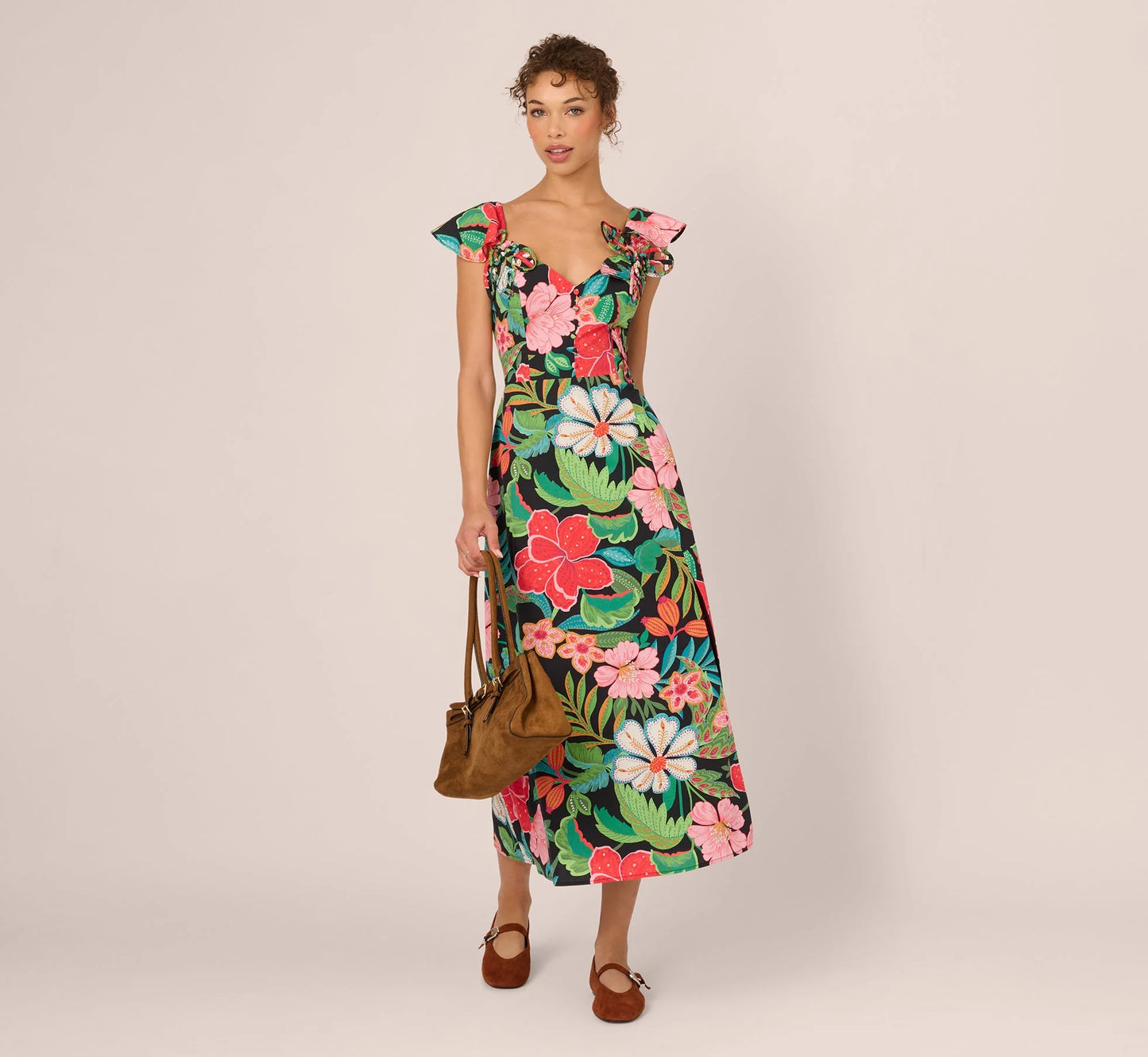 3D Tropical Floral Cotton A Line Midi Dress In Black Multi