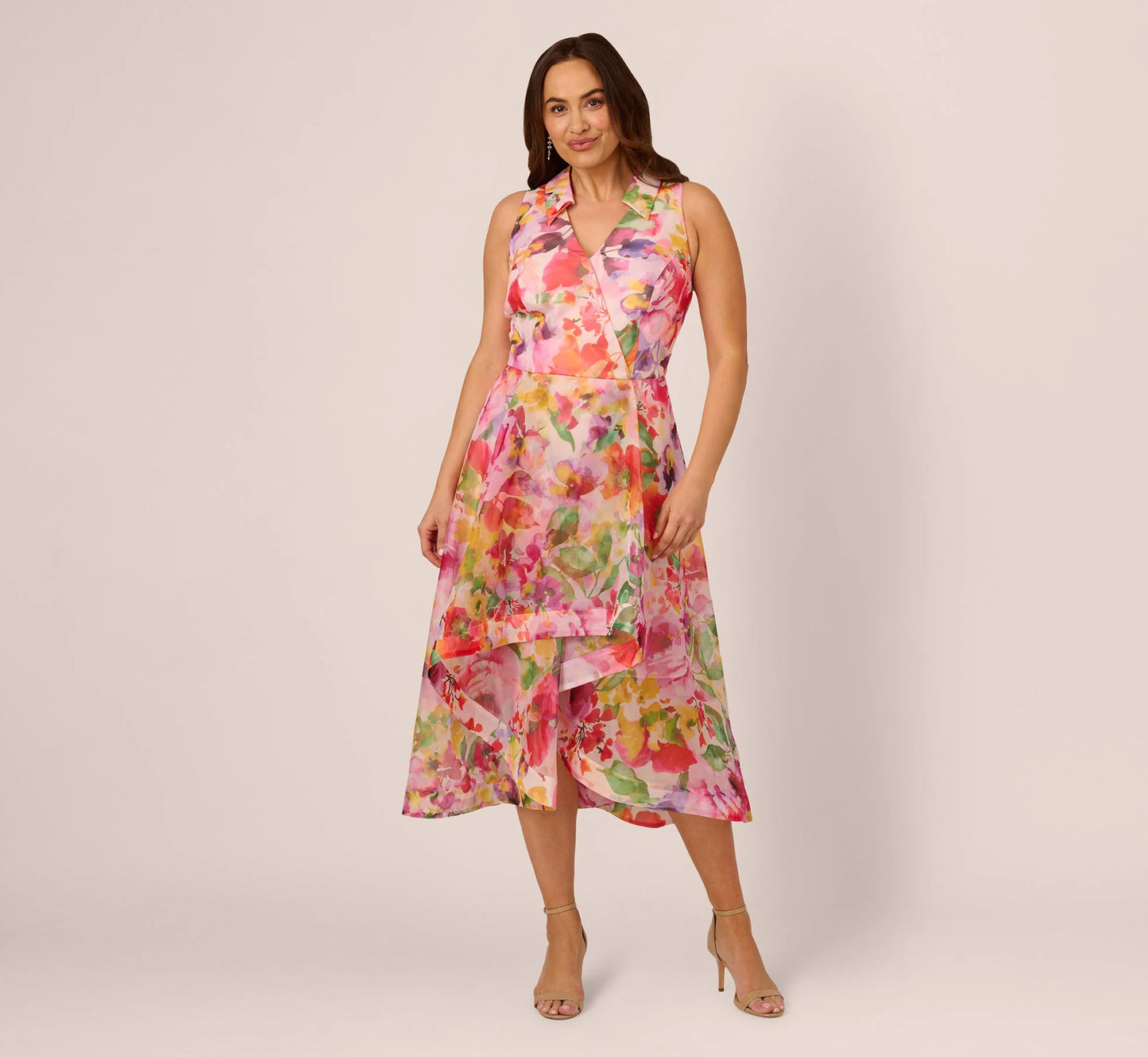 Plus Size Sleeveless Floral Organza Collared High Low Dress In Pink Multi
