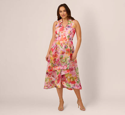 Plus Size Sleeveless Floral Organza Collared High Low Dress In Pink Multi