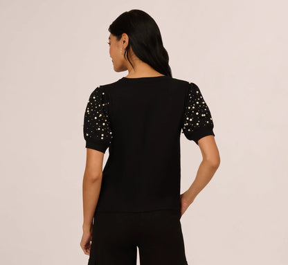 Puff Sleeve Pearly Embellished Sweater In Black