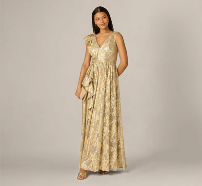 Sleeveless Metallic Crinkle Ruffle Gown In Champagne Gold
