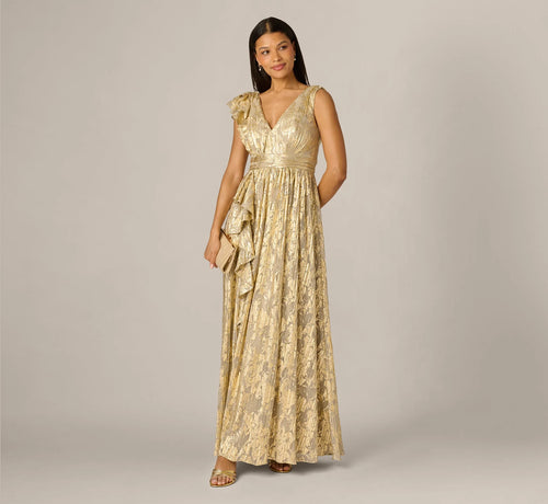 Sleeveless Metallic Crinkle Ruffle Gown In Champagne Gold