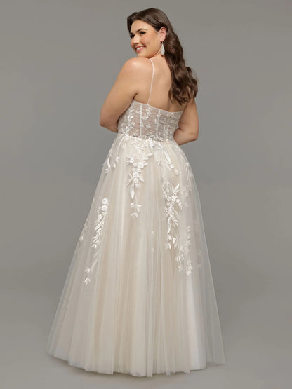 OPEN BACK A LINE TULLE WEDDING DRESS WITH LACE