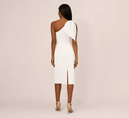 One Shoulder Midi Dress With Bow Accent In Ivory