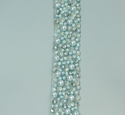 Sleeveless Pearly Halter Peplum Gown In Aqua Dust
