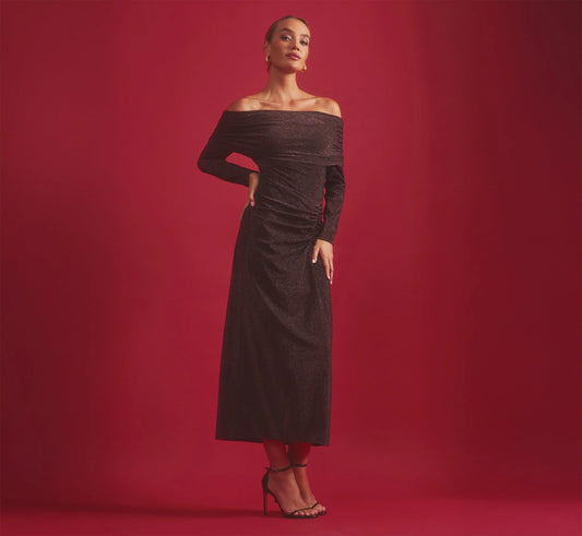 Off Shoulder Long Sleeve Metallic Knit Maxi Dress In Chocolate