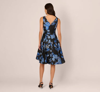 Floral Jacquard Short Fit And Flare Dress In Blue Black Multi