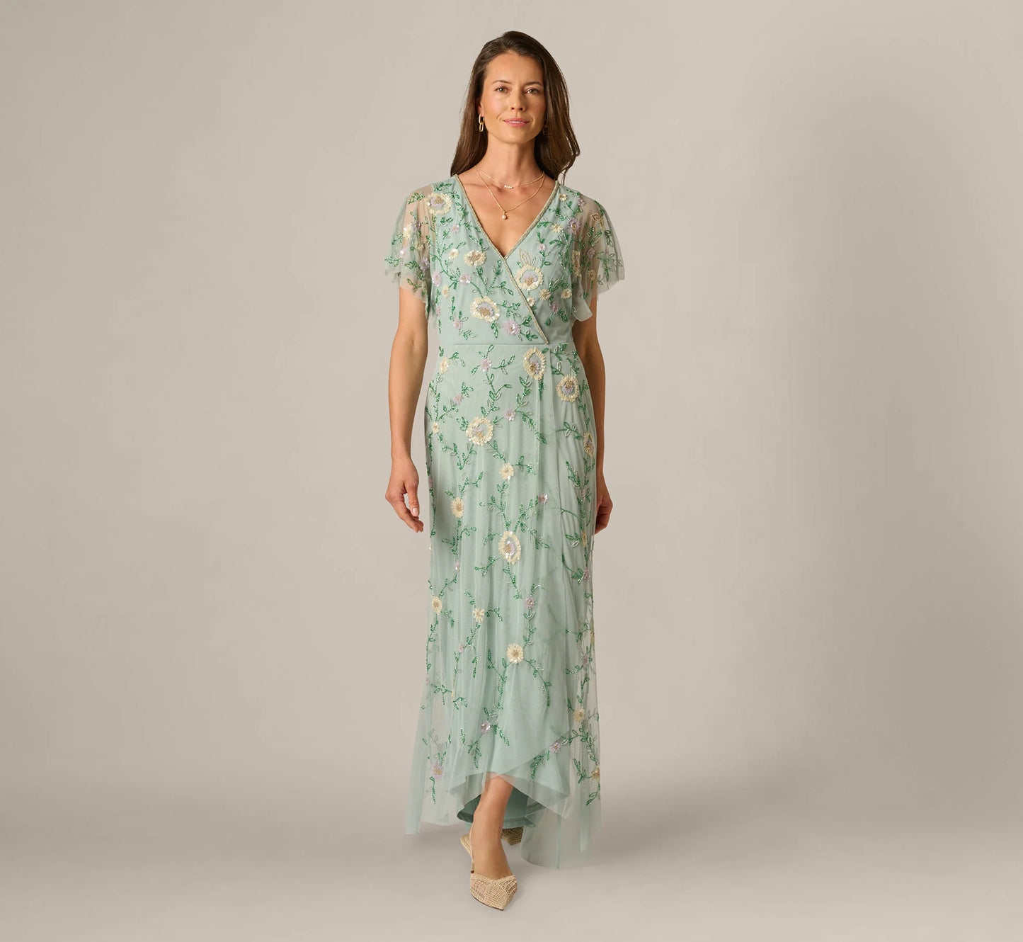 Flutter Sleeve Beaded Wrap Dress In Aqua Dust