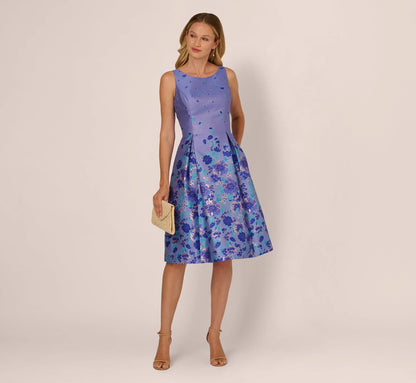 Sleeveless Floral Jacquard Fit And Flare Dress In Blue Multi