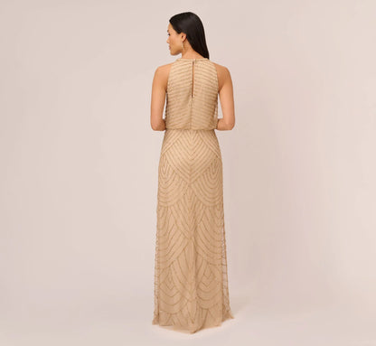 Art Deco Beaded Blouson Dress With Halter Neckline In Champagne Gold