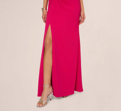 Gathered Stretch Crepe Halter Gown In Bright Rose