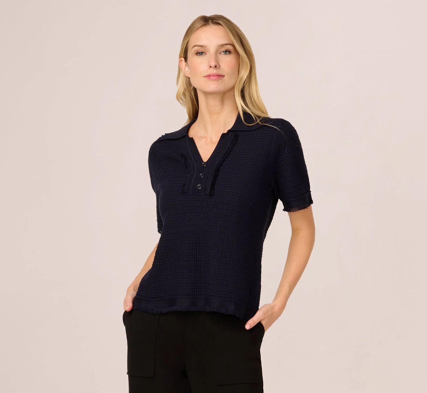 Short Sleeve Waffle Weave Polo Shirt In Navy