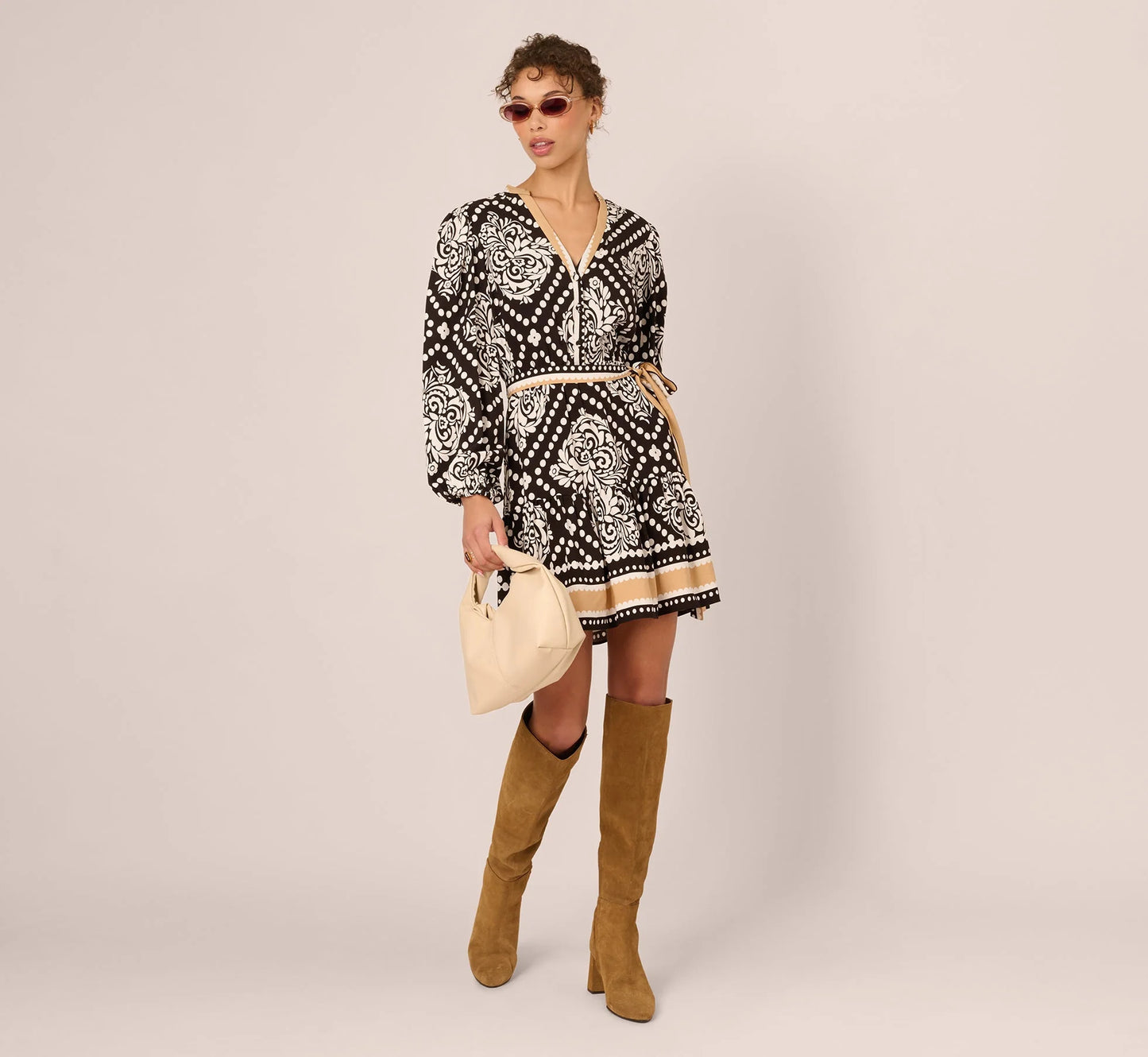 Bishop Sleeve Medallion Printed Short Dress In Black Ivory