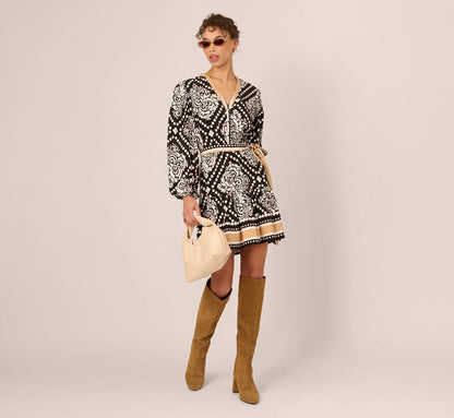Bishop Sleeve Medallion Printed Short Dress In Black Ivory