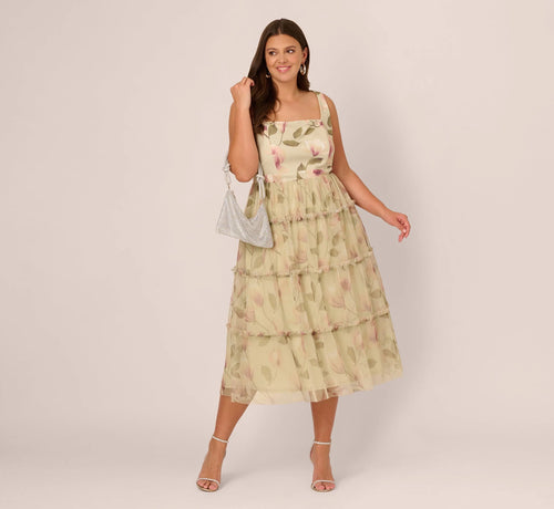 Plus Size Sleeveless Square Neck Floral Tiered Midi Dress In Green Multi