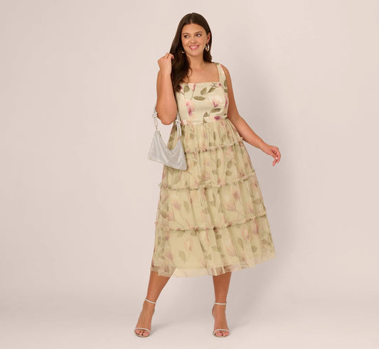 Plus Size Sleeveless Square Neck Floral Tiered Midi Dress In Green Multi