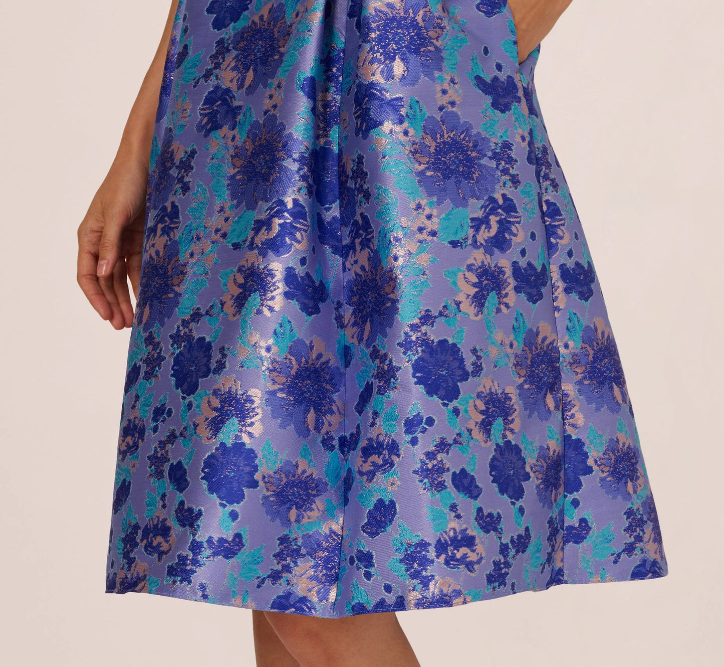 Sleeveless Floral Jacquard Fit And Flare Dress In Blue Multi
