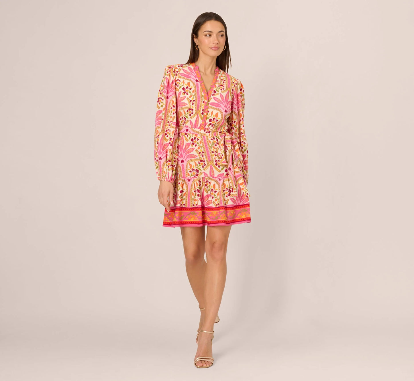 Long Sleeve Printed Short Flounce Dress In Pink Multi