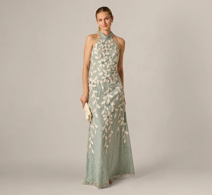 Lace Soutache Embroidery Halter Gown In Sage Ivory