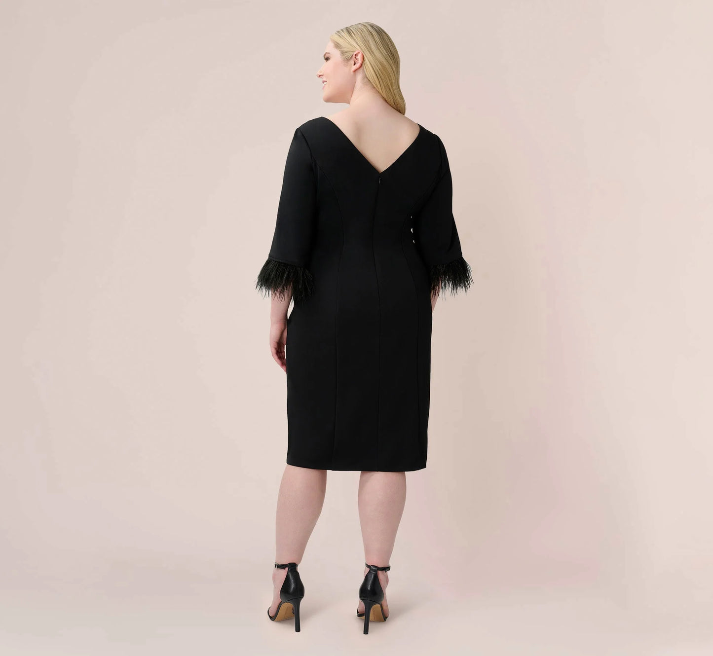 Plus Size Crepe Sheath Dress With V-Back And Feather-Trim Sleeves In Black