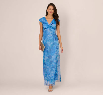 Cap Sleeve Twist Front Floral Tulle Gown In Blue Multi