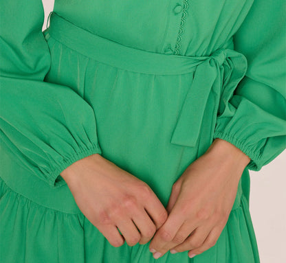 Long Sleeve Scallop Trim Short Dress In Green