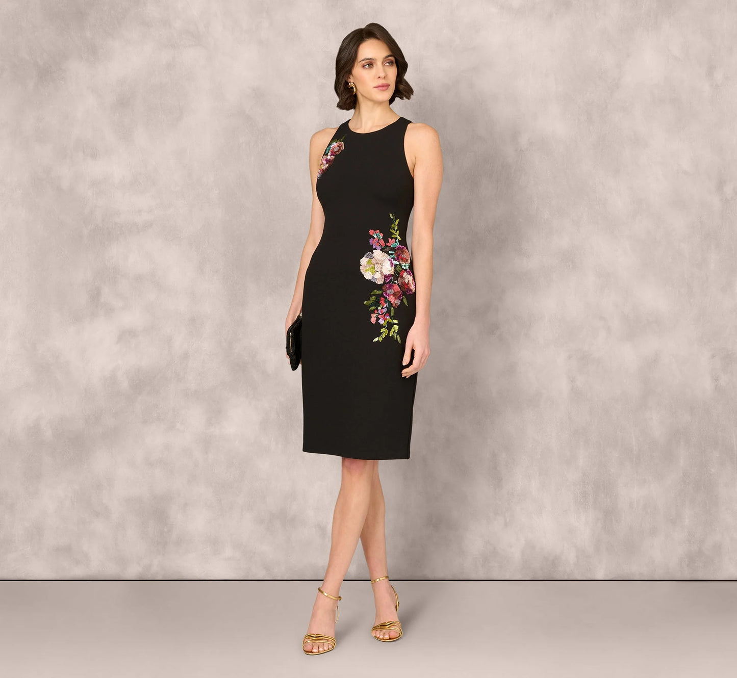 Sleeveless Sequin Flower Sheath Midi Dress In Black