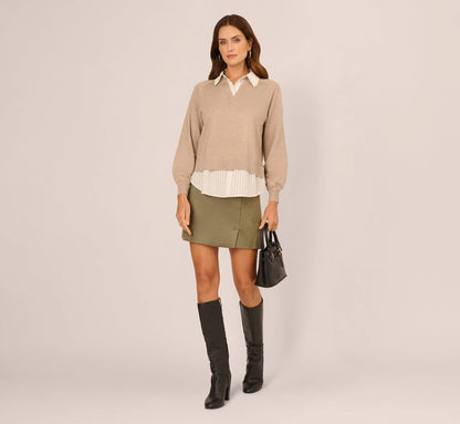 Long Sleeve Collared Printed Twover Sweater In H. Oatmeal W  Staple Stripe