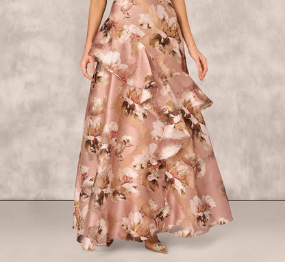 Off Shoulder Floral Jacquard Flounce Gown In Blush Multi