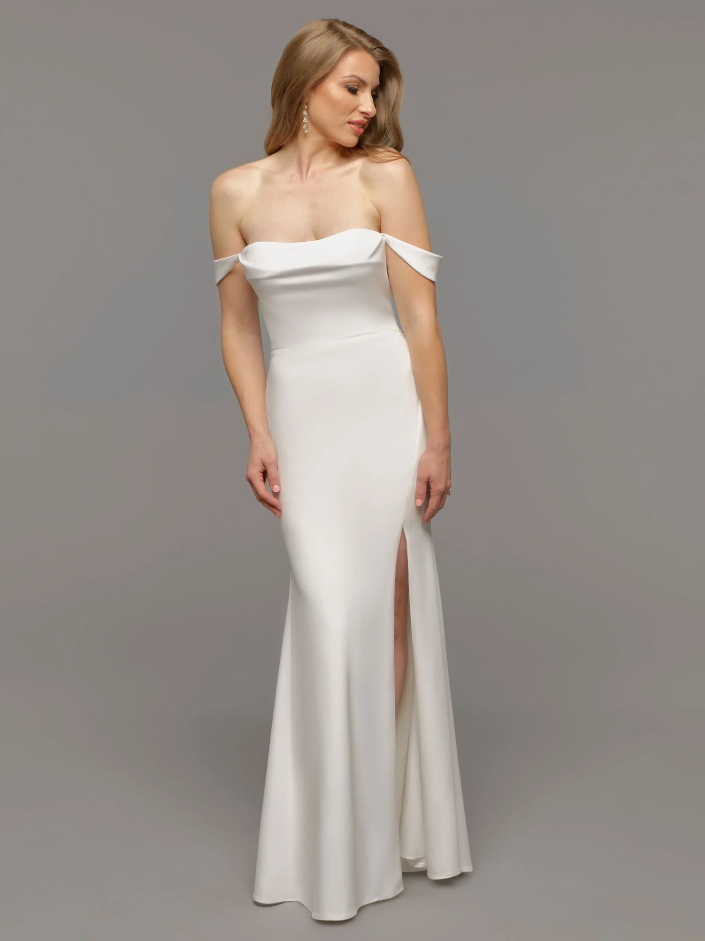 OFF THE SHOULDER FIT AND FLARE WEDDING DRESS