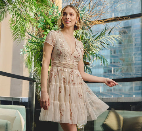 Cap Sleeve Pearly Sequin Cocktail Dress In Pale Pink