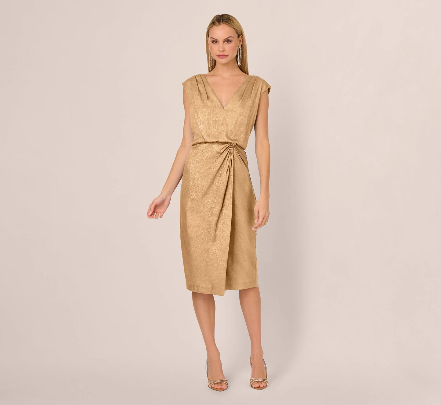Foil Blouson Midi Dress With Faux Wrap Skirt In Light Gold