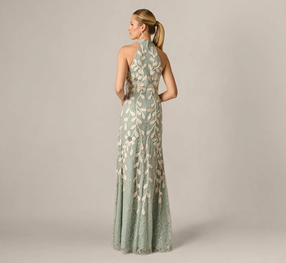 Lace Soutache Embroidery Halter Gown In Sage Ivory