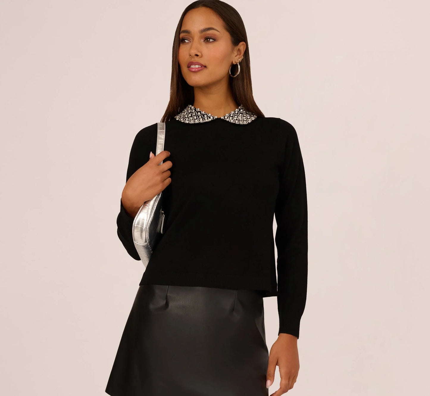 Long Sleeve Pearly Beaded Collar Sweater In Black