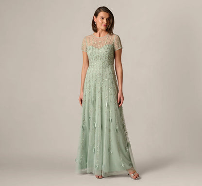 Short Sleeve 3D Beaded Vine Gown In Icy Sage