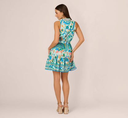 Sleeveless Retro Printed Short Sundress In Mint Multi
